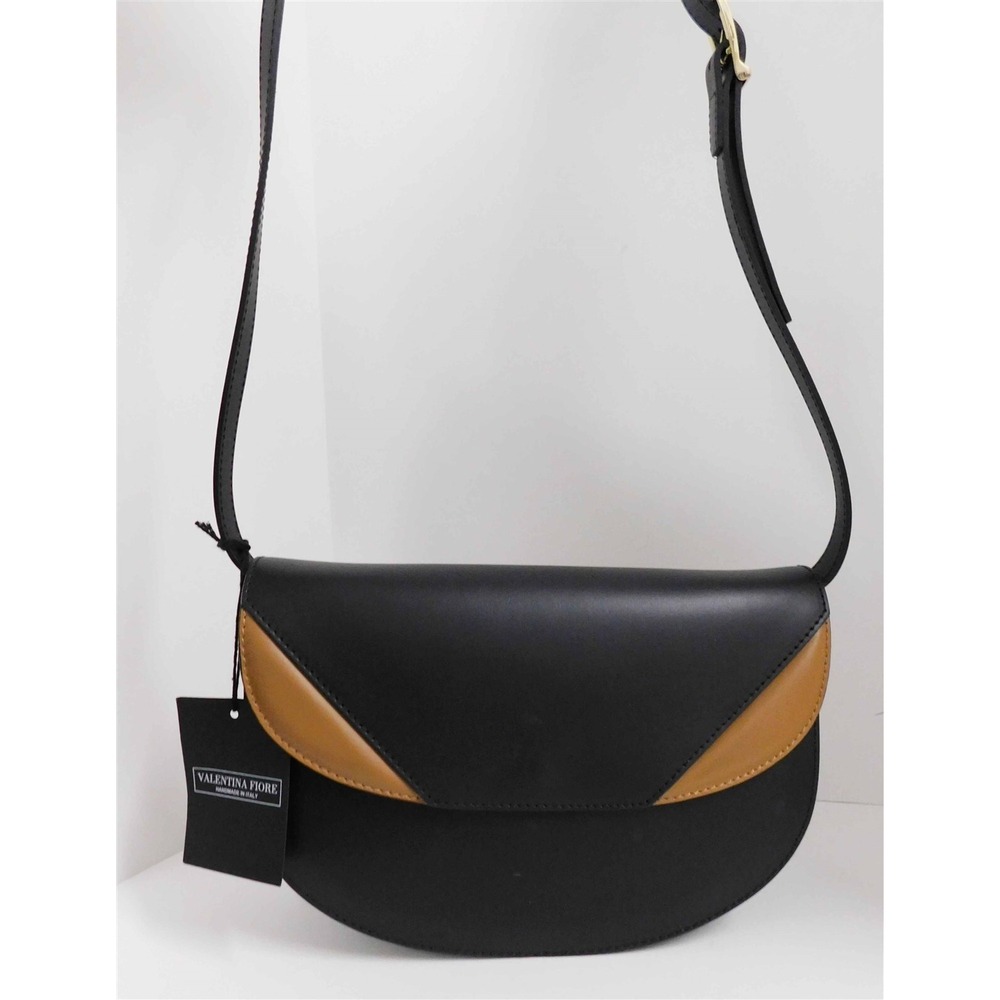 New Valentina Fiore Black Brown‎ Tan Leather Shoulder Crossbody Saddle Bag Italy